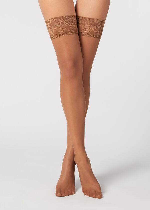 Women\'s Calzedonia 20 Denier Sheer Thigh-Highs Stockings Brown | IE1247WY