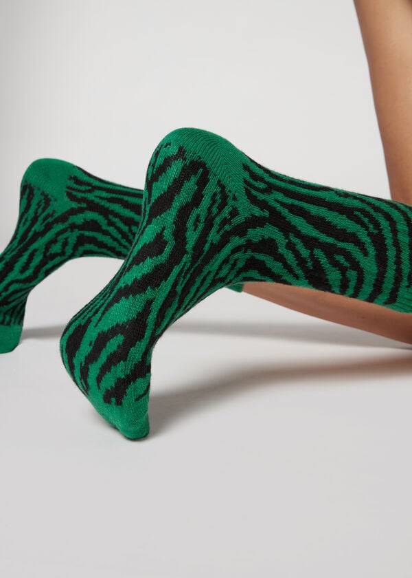 Women\'s Calzedonia Animal Print Cashmere Short Socks Green | IE2332ZG