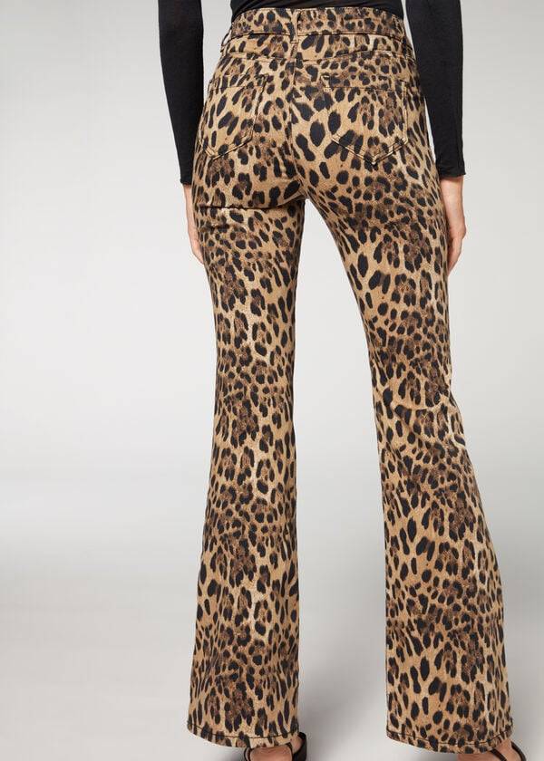 Women's Calzedonia Animal Print Flared Pants Brown | IE2713GL