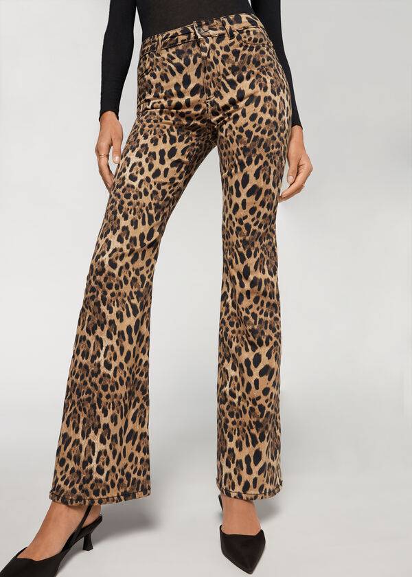 Women's Calzedonia Animal Print Flared Pants Brown | IE2713GL