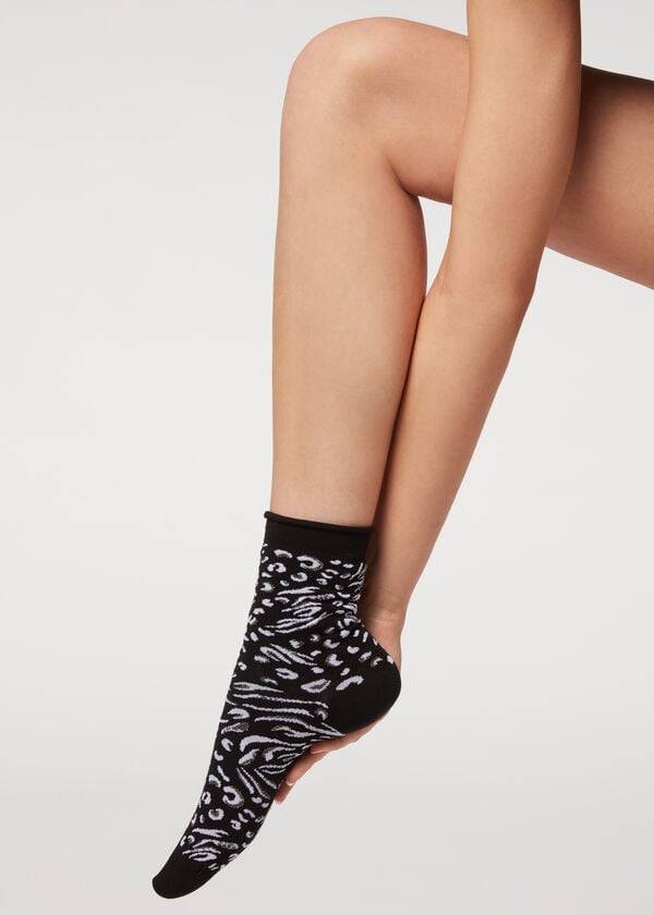 Women\'s Calzedonia Animal Print Short Socks Black | IE2335JJ