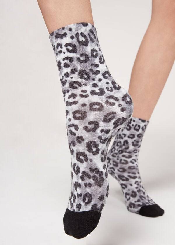 Women\'s Calzedonia Animal Print Short Socks Silver | IE2336HK