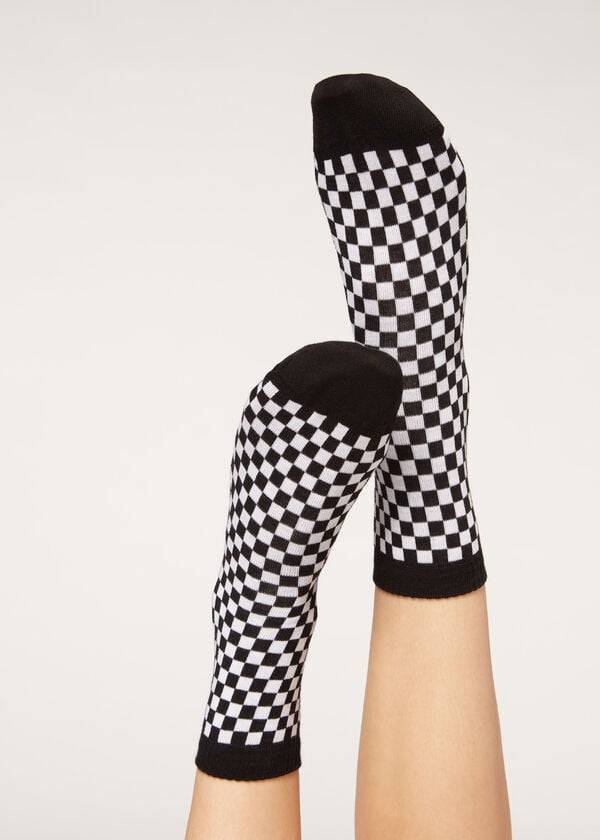 Women\'s Calzedonia Checkered Pattern Short Socks Black | IE2363GL