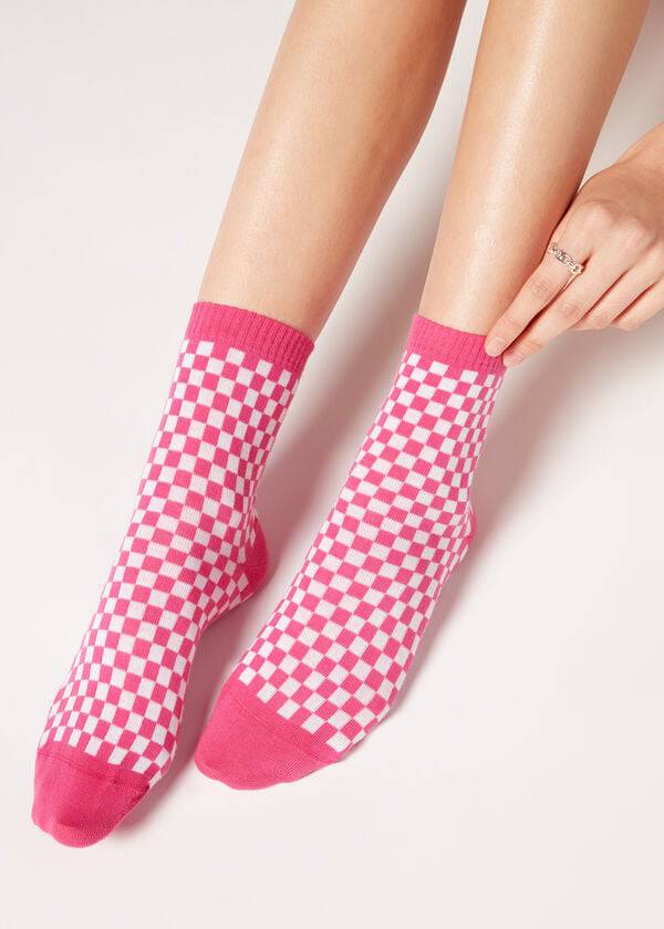 Women\'s Calzedonia Checkered Pattern Short Socks Pink | IE2364FM