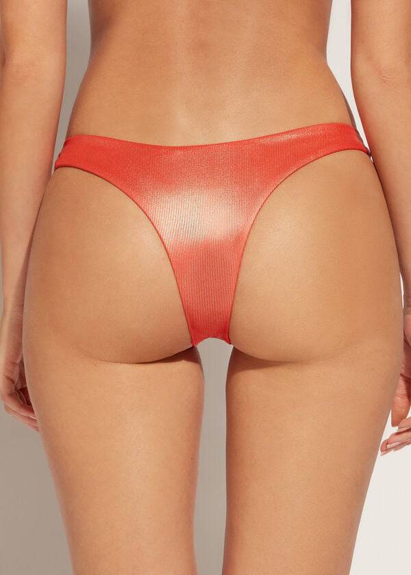 Women's Calzedonia Coated-Effect High-Cut Brazilian Antigua Bikini Bottoms Coral Orange | IE1364GL