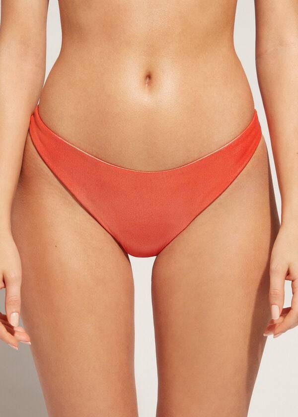 Women\'s Calzedonia Coated-Effect High-Cut Brazilian Antigua Bikini Bottoms Coral Orange | IE1364GL