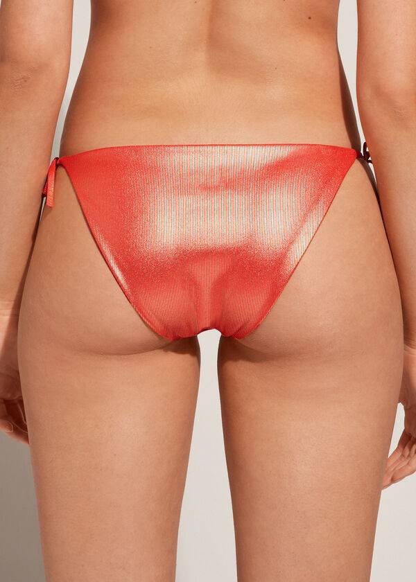 Women's Calzedonia Coated-Effect String Antigua Bikini Bottoms Coral Orange | IE1366JJ