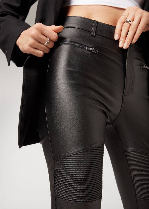 Women's Calzedonia Coated Skinny Biker Leggings Black | IE2629PQ