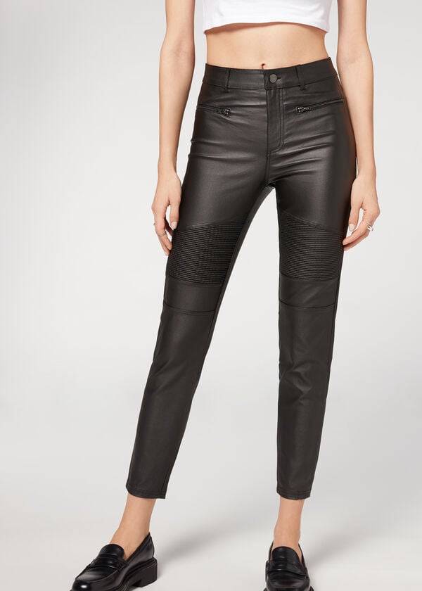 Women\'s Calzedonia Coated Skinny Biker Pants Black | IE2721UT