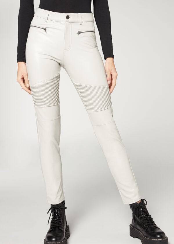 Women\'s Calzedonia Coated Thermal Skinny Biker Leggings White | IE2631IS