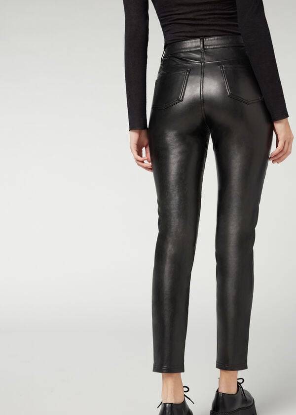 Women's Calzedonia Coated Thermal Skinny Biker Leggings Black | IE2632UT