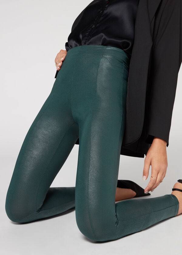 Women's Calzedonia Coated Total Shaper Biker Leggings Green | IE2633YU