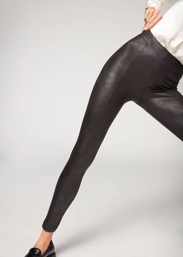 Women's Calzedonia Coated Total Shaper Biker Leggings Black | IE2634TV