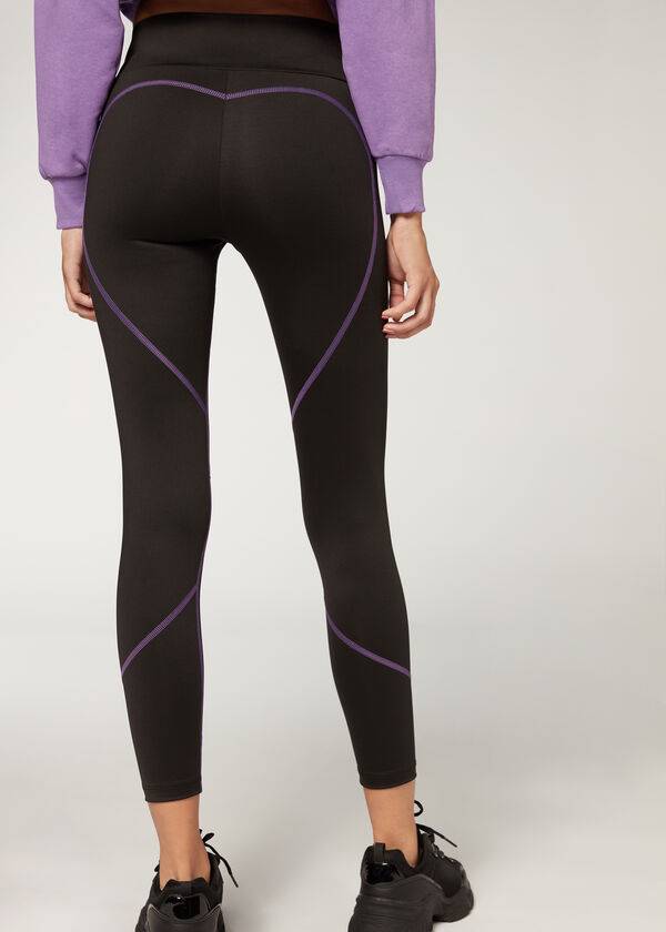 Women's Calzedonia Contrast Seam Performance Athletic Leggings Black / Purple | IE2635RW