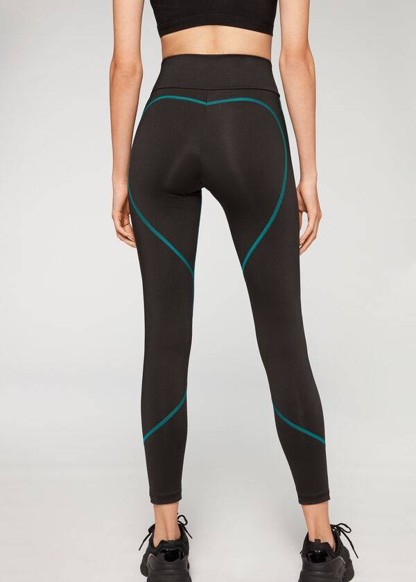 Women's Calzedonia Contrast Seam Performance Athletic Leggings Black / Green | IE2636EX