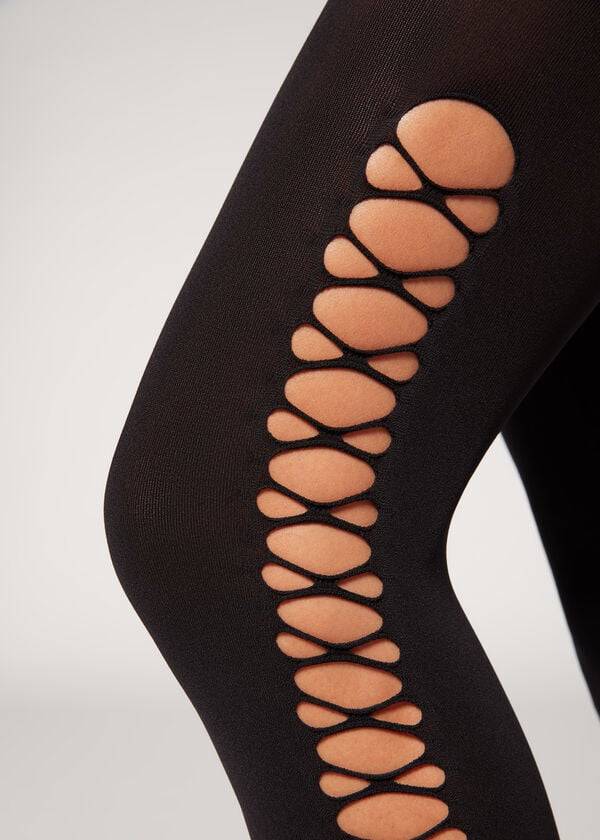 Women's Calzedonia Crisscross Cut-Out Opaque 90 Denier Patterned Tights Black | IE1090QZ