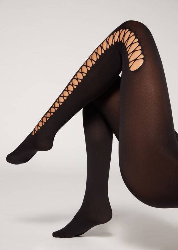 Women's Calzedonia Crisscross Cut-Out Opaque 90 Denier Patterned Tights Black | IE1090QZ