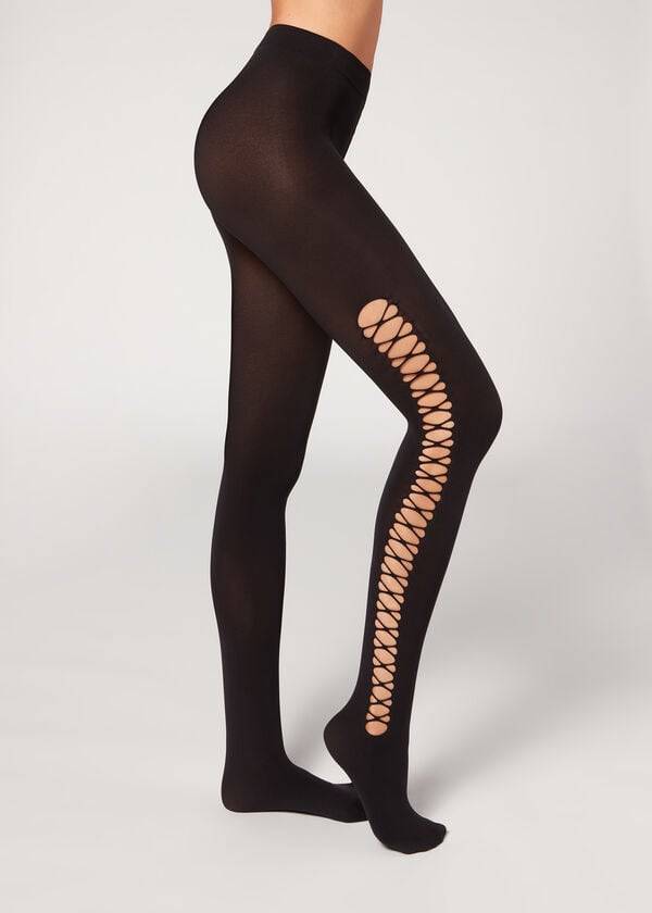 Women\'s Calzedonia Crisscross Cut-Out Opaque 90 Denier Patterned Tights Black | IE1090QZ