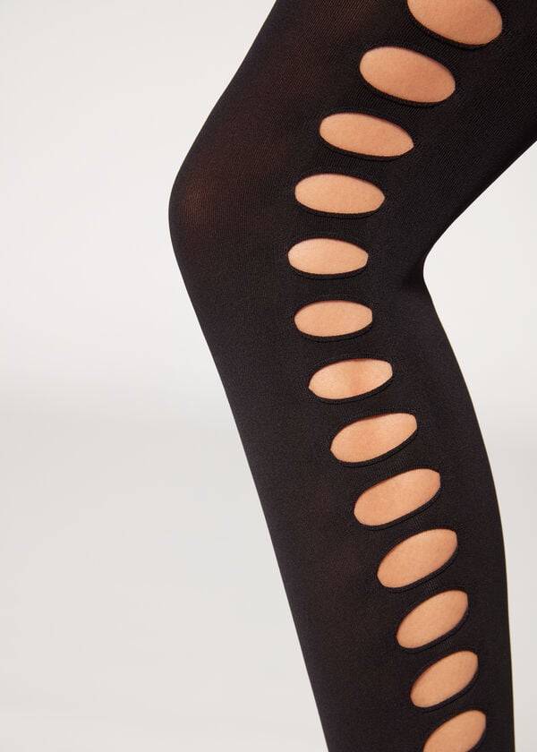 Women's Calzedonia Cut-Out Opaque 90 Denier Patterned Tights Black | IE1091WY