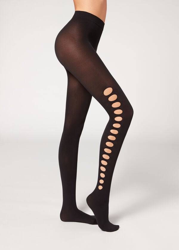 Women\'s Calzedonia Cut-Out Opaque 90 Denier Patterned Tights Black | IE1091WY