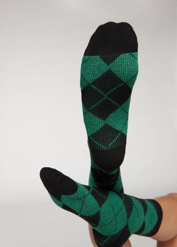 Women\'s Calzedonia Diamond-Pattern Cashmere Short Socks Black / Green | IE2405NB