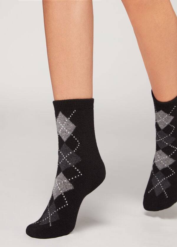 Women\'s Calzedonia Diamond-Pattern Cashmere Short Socks Black / Grey | IE2411LH