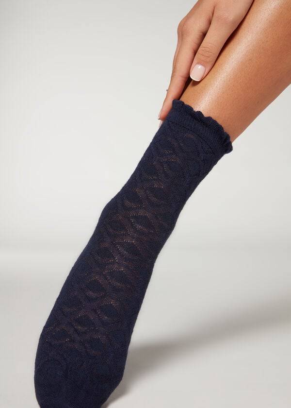 Women\'s Calzedonia Diamond-Pattern Cashmere Short Socks Navy | IE2414HK