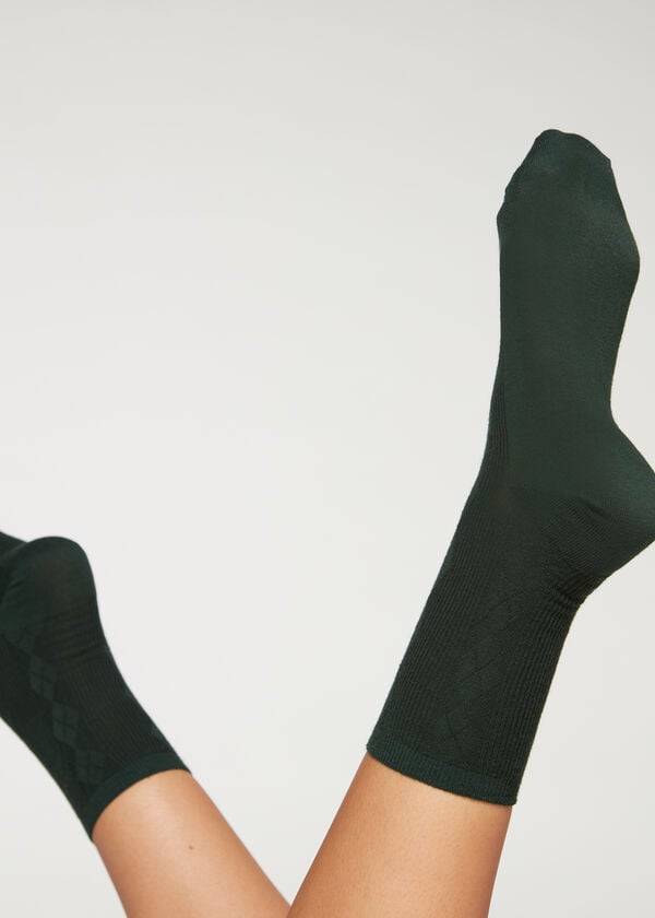 Women\'s Calzedonia Diamond-Pattern Wool Short Socks Green | IE2417DN