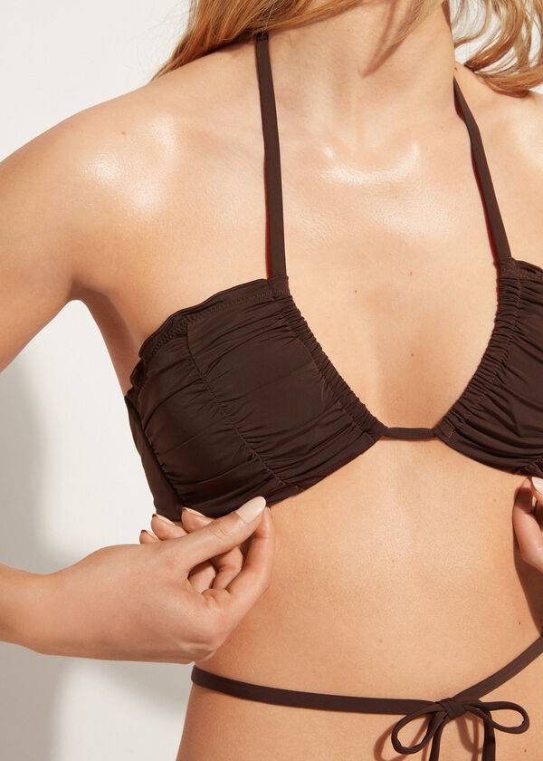 Women's Calzedonia Drawstring Bandeau Islamorada Bikini Tops Coffee Brown | IE1712NB