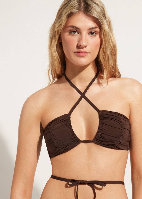 Women's Calzedonia Drawstring Bandeau Islamorada Bikini Tops Coffee Brown | IE1712NB