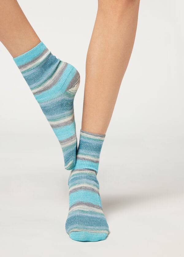 Women\'s Calzedonia Faded Striped with Glitter Short Socks Blue | IE2433VD