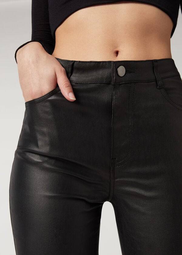 Women's Calzedonia Faux Leather Skinny Jeans Black | IE2592ZG