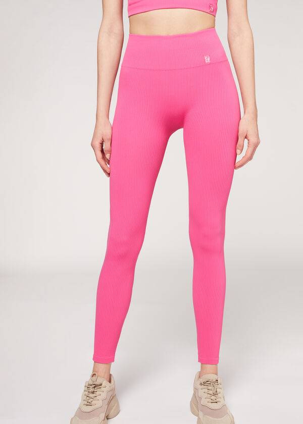 Women\'s Calzedonia Fine Ribbed Seamless Sport Leggings Pink | IE2648OR