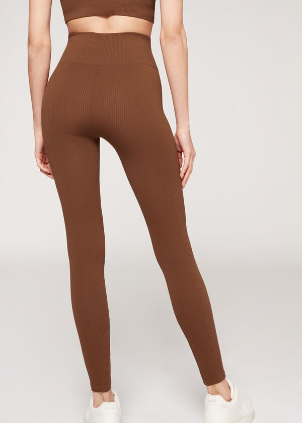 Women's Calzedonia Fine Ribbed Seamless Sport Leggings Brown | IE2649IS