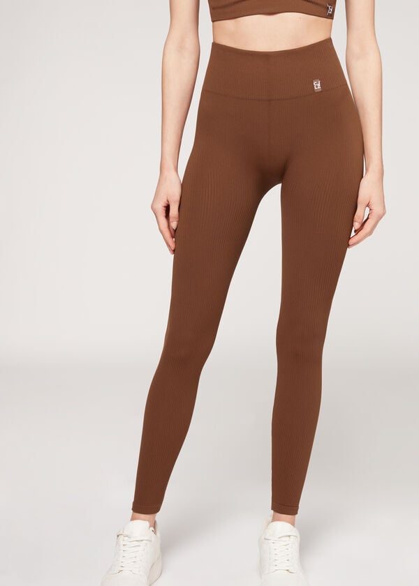 Women\'s Calzedonia Fine Ribbed Seamless Sport Leggings Brown | IE2649IS