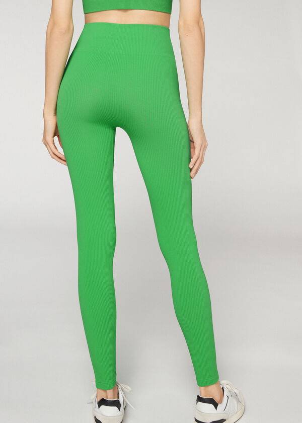 Women's Calzedonia Fine Ribbed Seamless Sport Leggings Green | IE2652TV