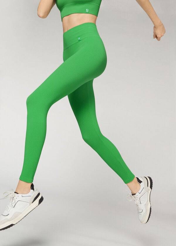 Women's Calzedonia Fine Ribbed Seamless Sport Leggings Green | IE2652TV