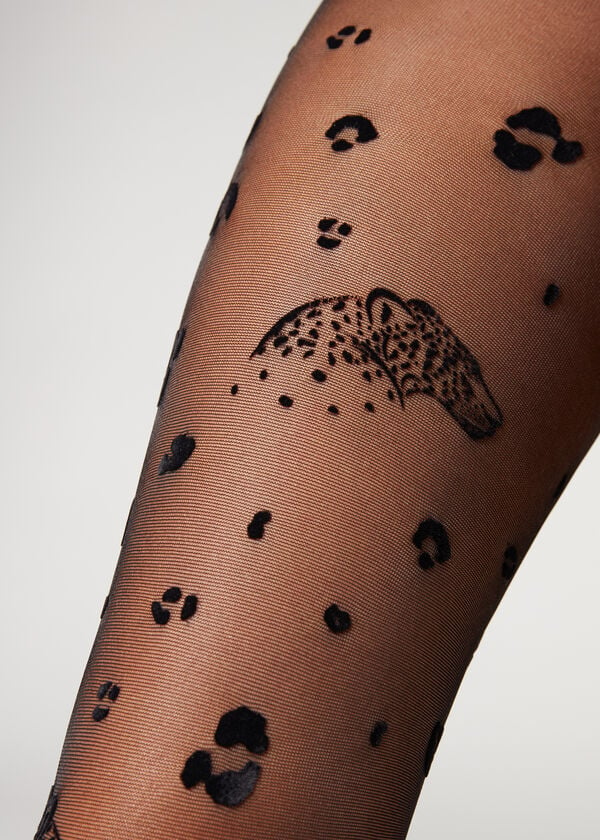 Women's Calzedonia Flocked Leopard Print 30 Denier Patterned Tights Black | IE1096UT