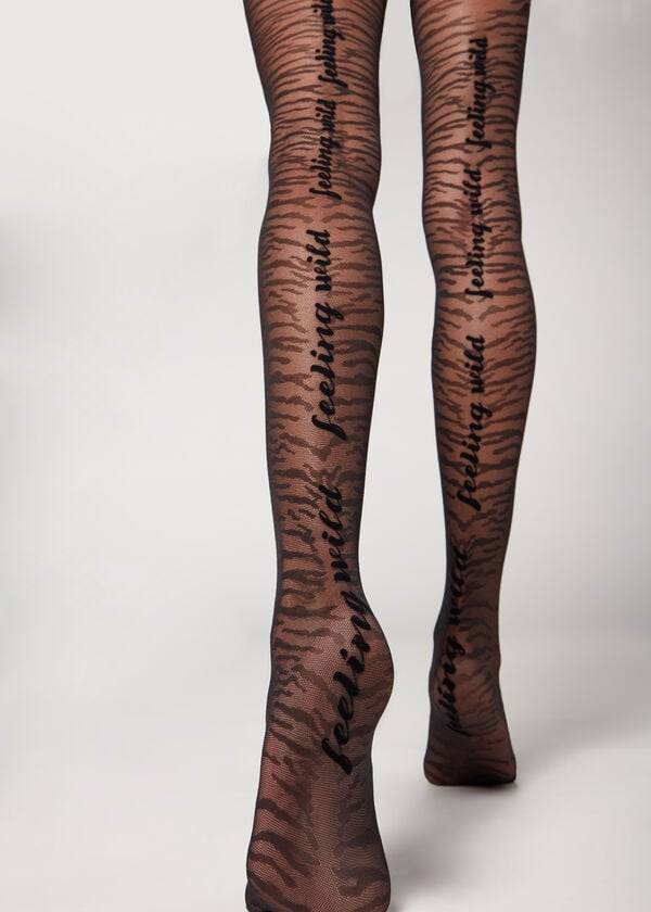 Women's Calzedonia Flocked Tiger Text 50 Denier Patterned Tights Black | IE1097IS