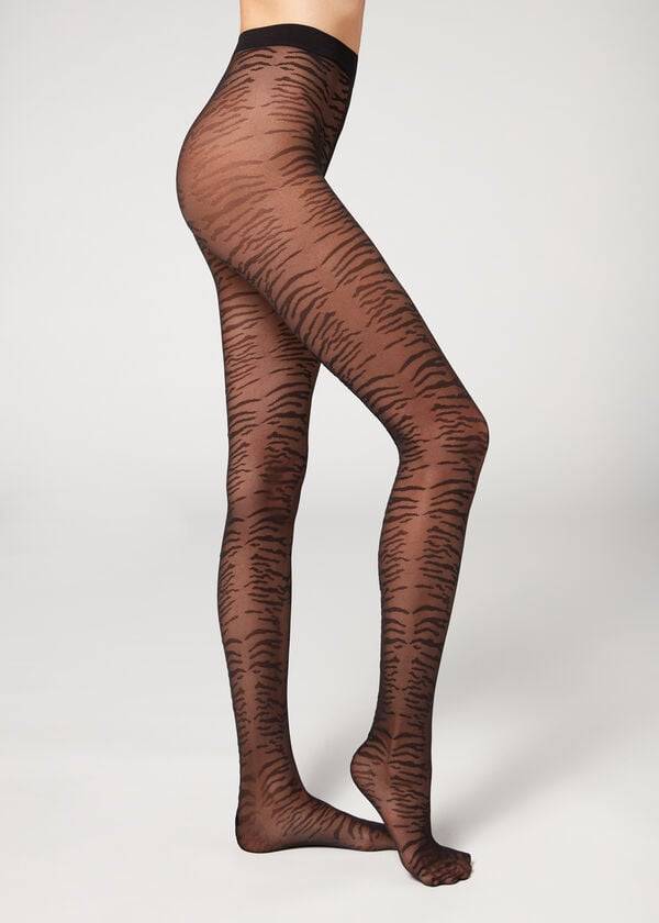 Women\'s Calzedonia Flocked Tiger Text 50 Denier Patterned Tights Black | IE1097IS