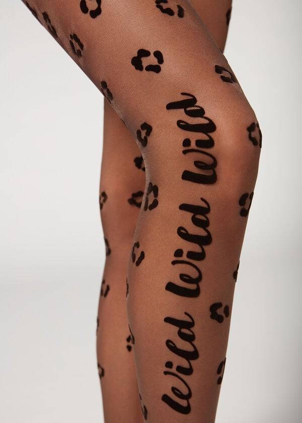 Women's Calzedonia Flocked Wild Print 30 Denier Patterned Tights Black | IE1098OR