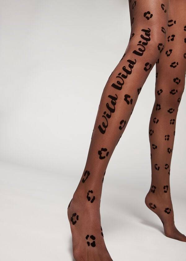 Women's Calzedonia Flocked Wild Print 30 Denier Patterned Tights Black | IE1098OR