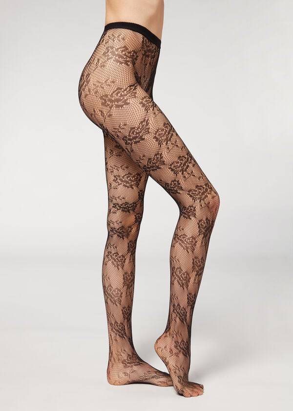 Women\'s Calzedonia Floral Lace-Motif Fishnet Patterned Tights Black | IE1099PQ