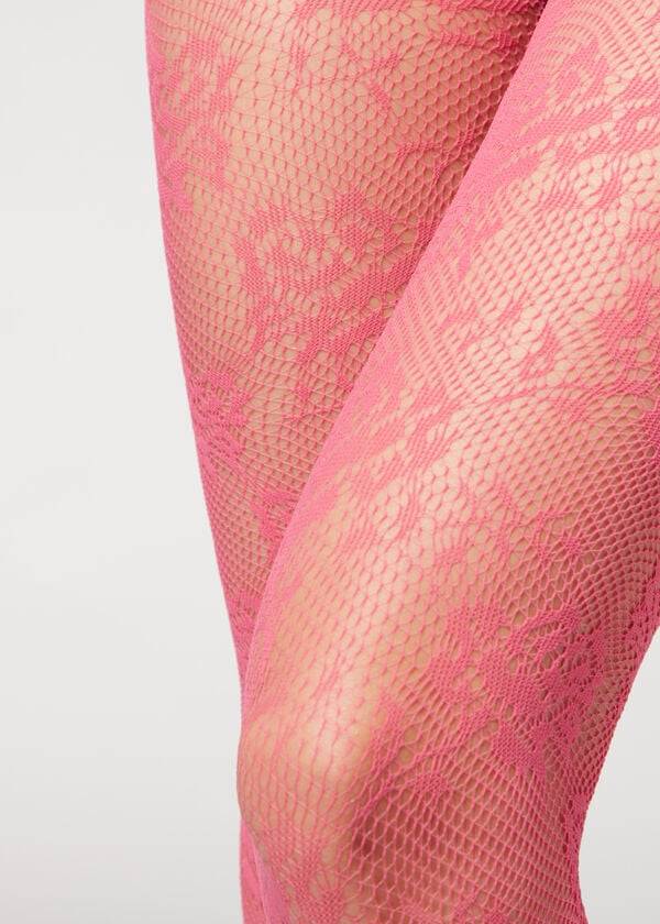 Women's Calzedonia Floral Lace-Motif Fishnet Patterned Tights Pink | IE1100AP