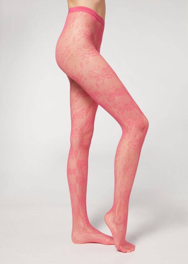 Women\'s Calzedonia Floral Lace-Motif Fishnet Patterned Tights Pink | IE1100AP