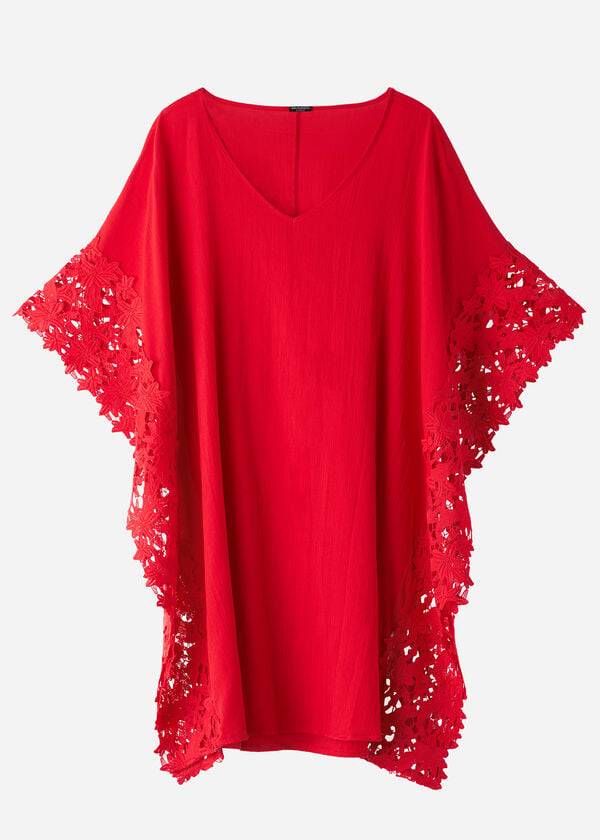 Women's Calzedonia Floral Macramé Lace Caftan Cover Ups Red | IE2080EX