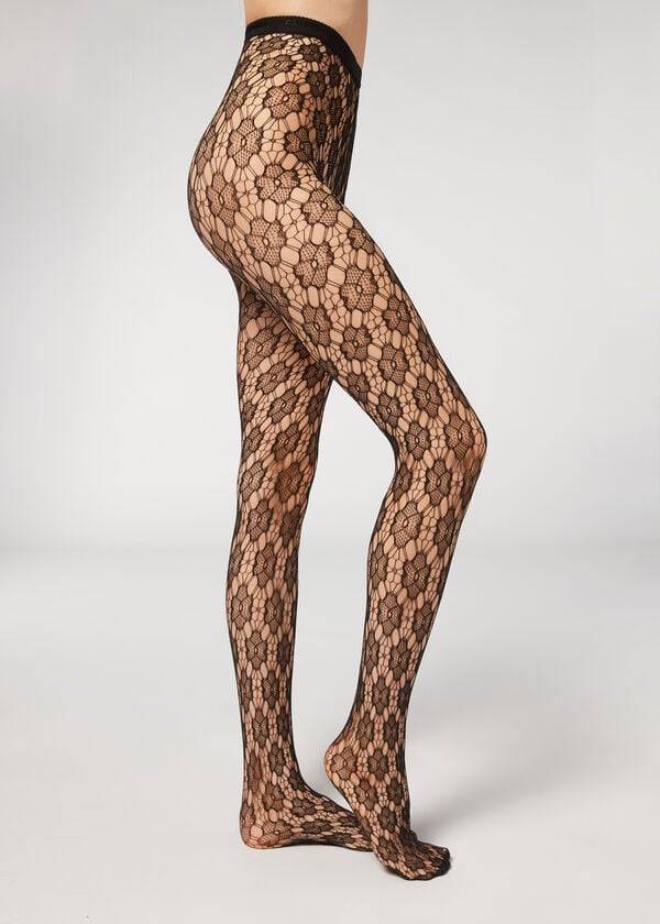 Women\'s Calzedonia Floral-Motif Fishnet Patterned Tights Black | IE1101SO