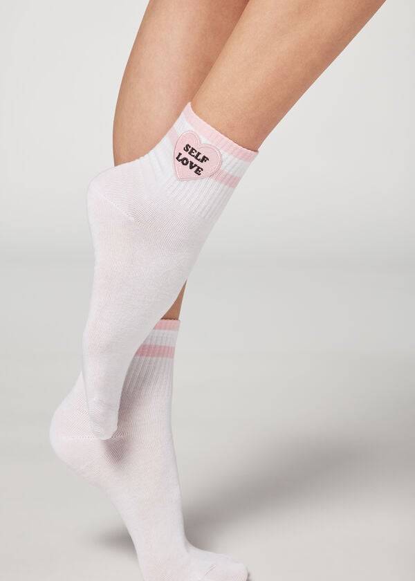 Women\'s Calzedonia Girl Power Print Short Socks White / Pink | IE2436ZG