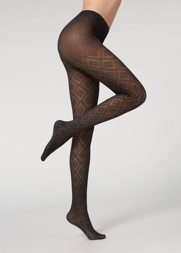 Women's Calzedonia Glitter Diamond Pattern Patterned Tights Black / Silver | IE1107KI