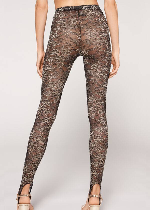 Women's Calzedonia Glitter Lace Stirrup Leggings Brown / Black | IE2655WY